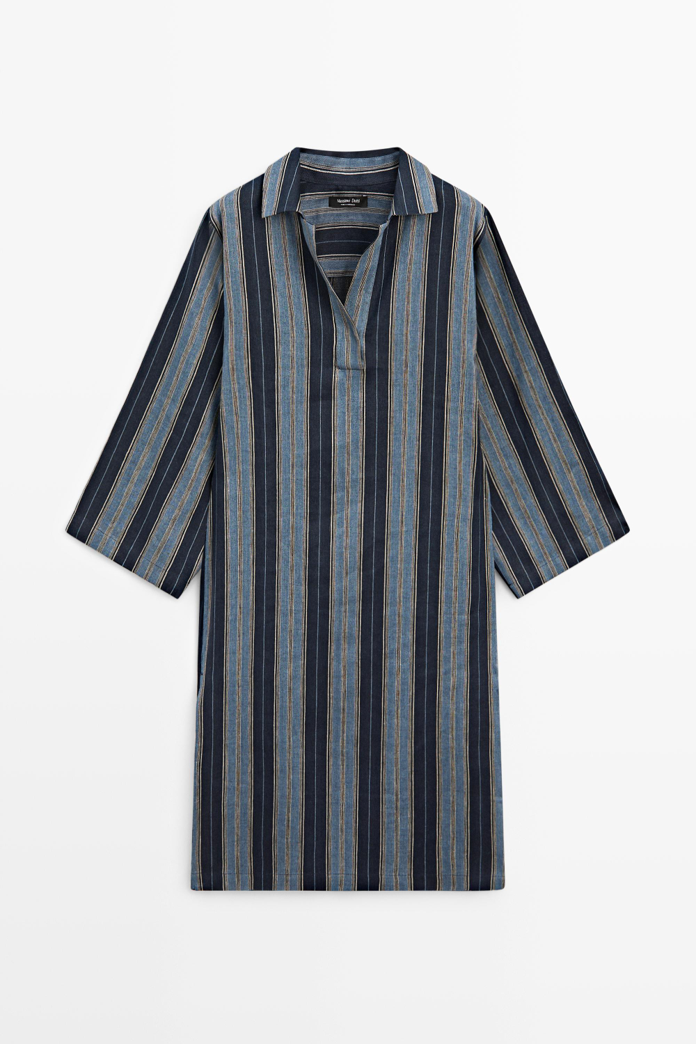 Massimo Dutti Кафтан в полоску из смесового льна и хлопка, синий