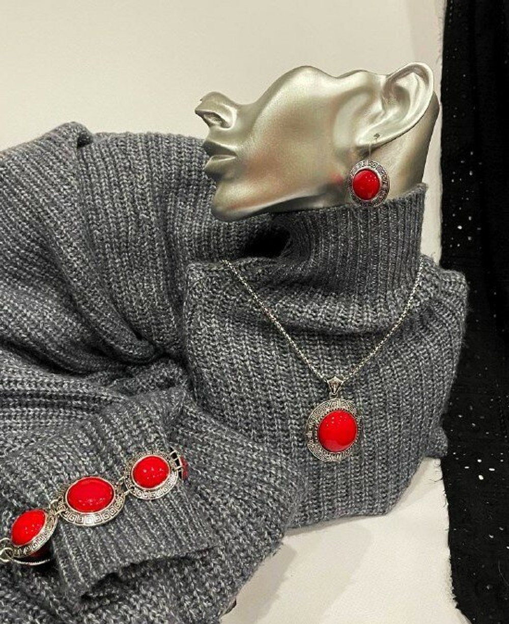 Подвеска серьги, браслет  Бижутерия Комплект "Красный Коралл", кольцо, серьги, браслет, бижутерный сплав, коралловый цвет