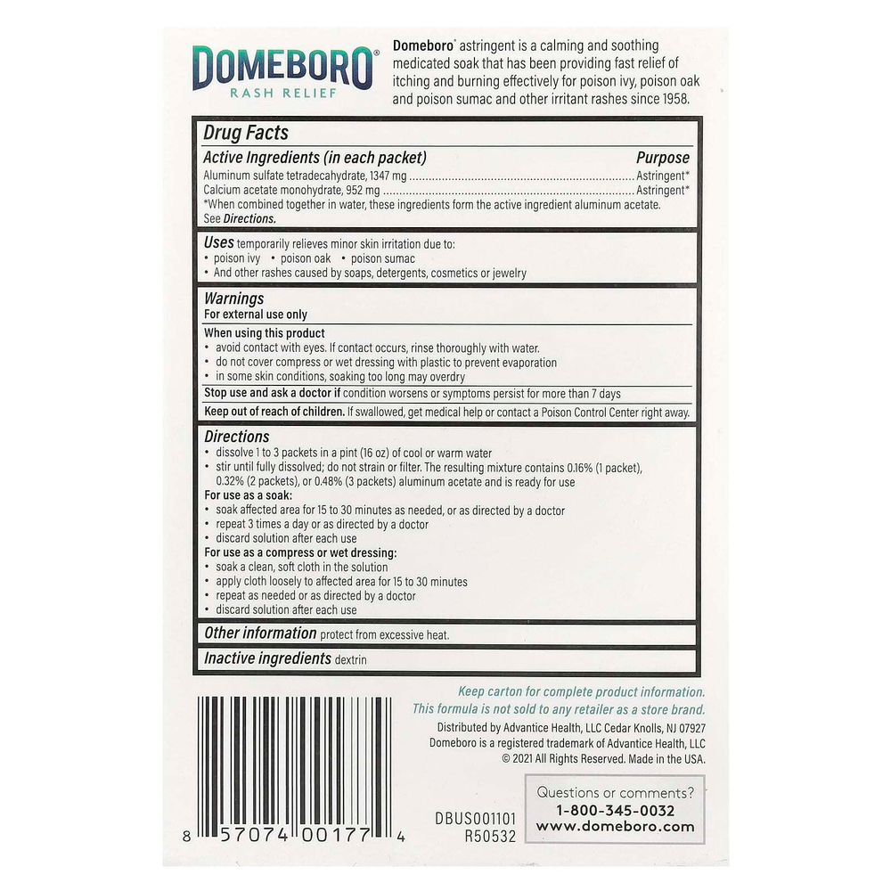 Domeboro, лечебное средство Soak, средство от сыпи, 12 пакетиков с порошком, 2,7 г (0,1 унции) каждый