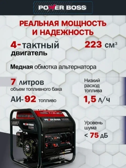 Генератор Инверторный Power Boss ELITE 3700iO, 3.7 кВт 223 см3, 7л объем топливного бака, ручной стартер, розетки 2х230 В/16 А, выход постоянного тока USB 5В, эко режим, 102002