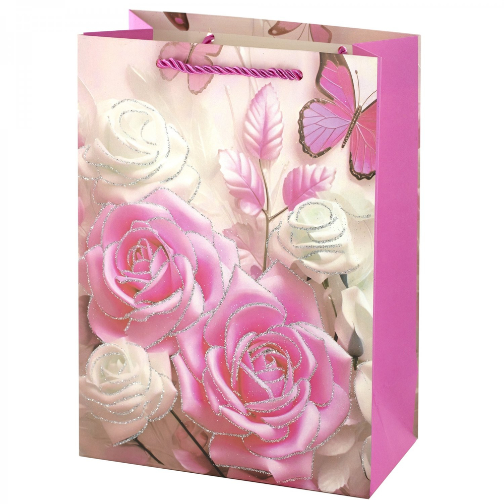 Пакет подарочный бумажный Alingar, (XL) 31х40х12 см, вертикальный, "Розы и бабочки", мат. ламинация, глиттер, ассорти