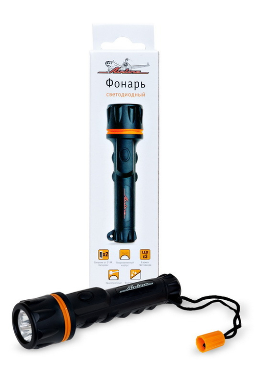 Фонарик на батарейках прорезиненный 3 LED Airline