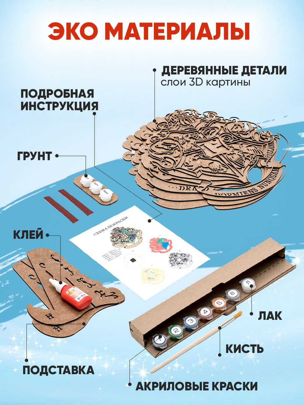 3D картина по номерам герб Хогвартс (Гарри Поттер), подарочный набор для творчества, многослойное панно из дерева для раскрашивания и сборки, антистресс мандала для рисования