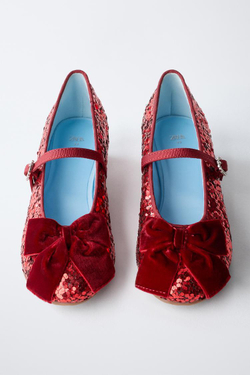 ZARA ТУФЛИ НА КАБЛУКЕ С ПАЙЕТКАМИ И БАНТОМ, КРАСНЫЙ