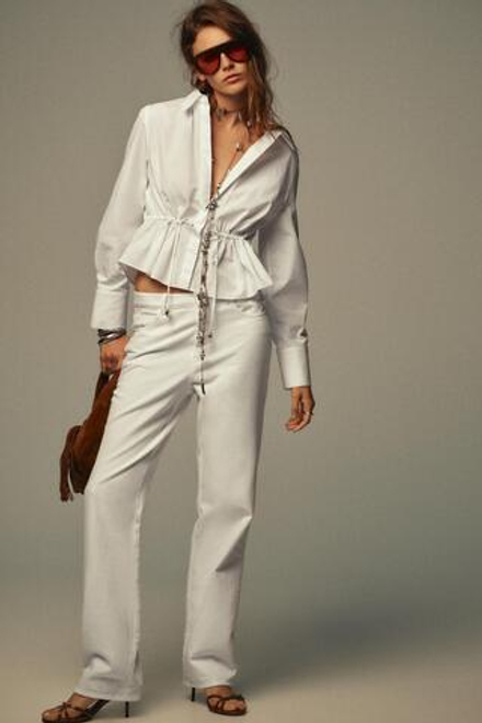 ZARA РУБАШКА ИЗ ПОПЛИНА С ДЕКОРАТИВНОЙ СТРОЧКОЙ, БЕЛЫЙ