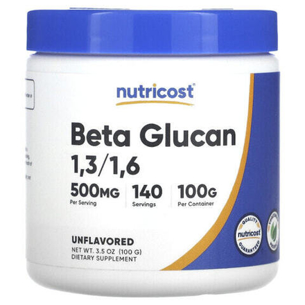 Бета-глюкан Nutricost, бета-глюкан 1,3/1,6, без вкусовых добавок, 500 мг, 100 г (3,5 унции)