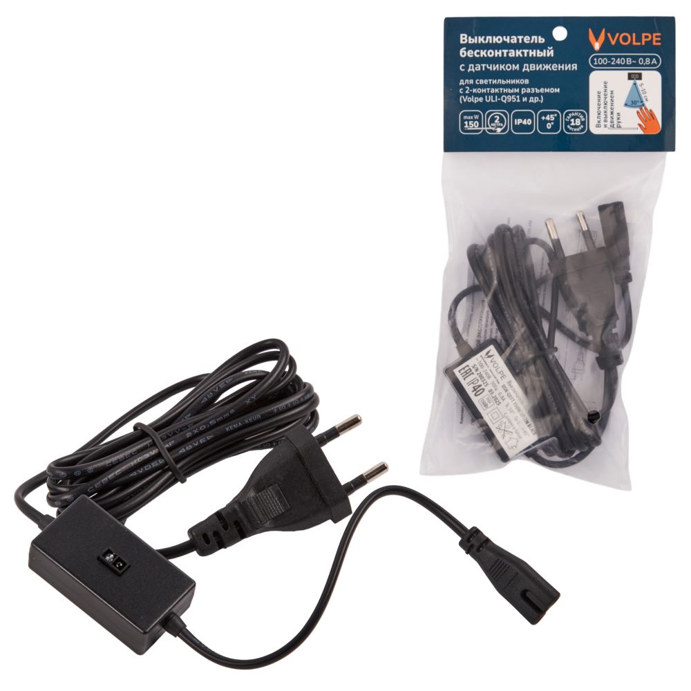 USN-Q851 150W-2P-2M BLACK Выключатель бесконтактный для подключения светильников ULI-Q151. ULI-Q951 к сети 220В. Провод 200 см. 2 контакта. Цвет черный. TM Volpe