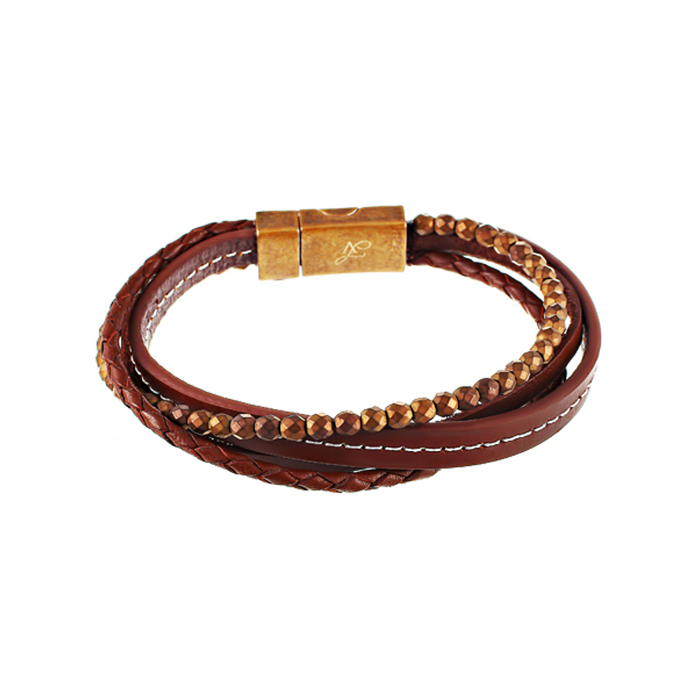 Стильный солидный модный мужской браслет 4в1 коричневый из кожи и бусин камня гематита с металлическим магнитным замком JV TOE-594-60178 в подарочной упаковке