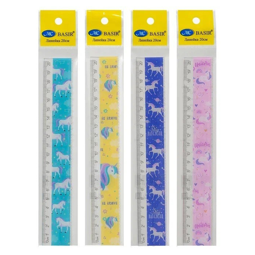 Линейка Basir пластиковая, серия "Единорог ", с рисунком единорогов на корпусе, 20 см