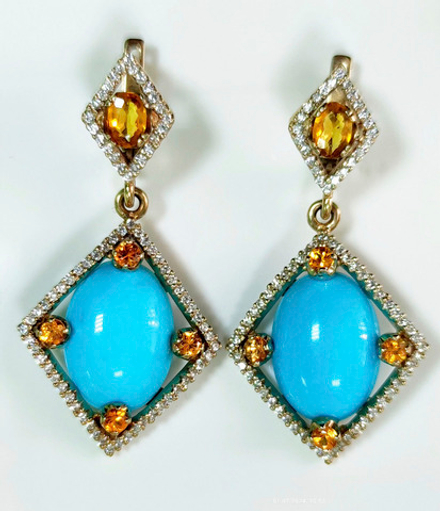 Серьги Эстерелла золото 750, бриллианты, сапфиры, бирюза Аризона