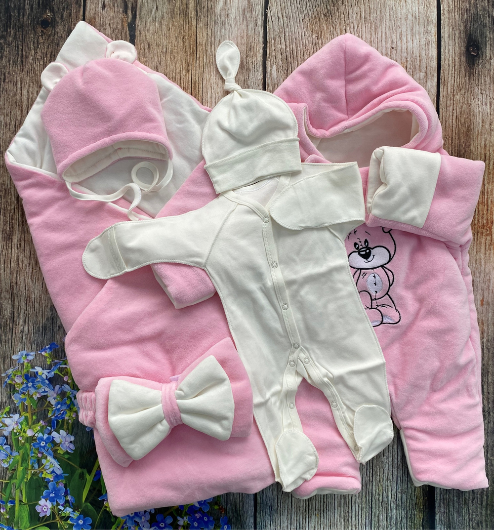 Комплект на выписку 6 предметов велюр "Мишка" (Цвет: Серо-розовый)