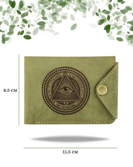 Фото функционального портмоне Всевидящее Око из зеленой кожи койот Инфографика Размеры