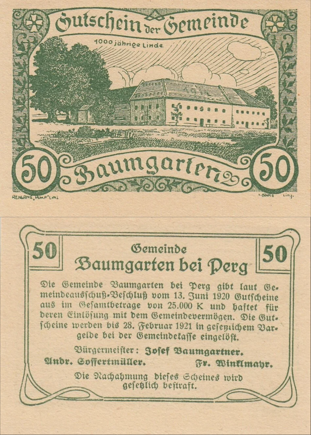 Австрия 50 геллеров 1920 Баумгартен aUNC