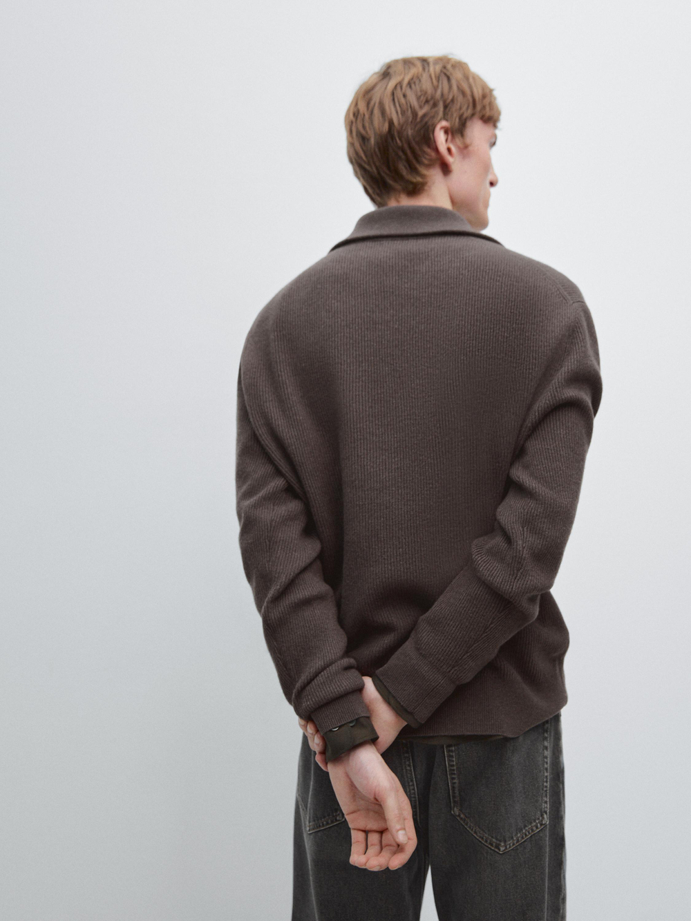 Massimo Dutti Вязаный свитер с воротником-стойкой на молнии, коричневый