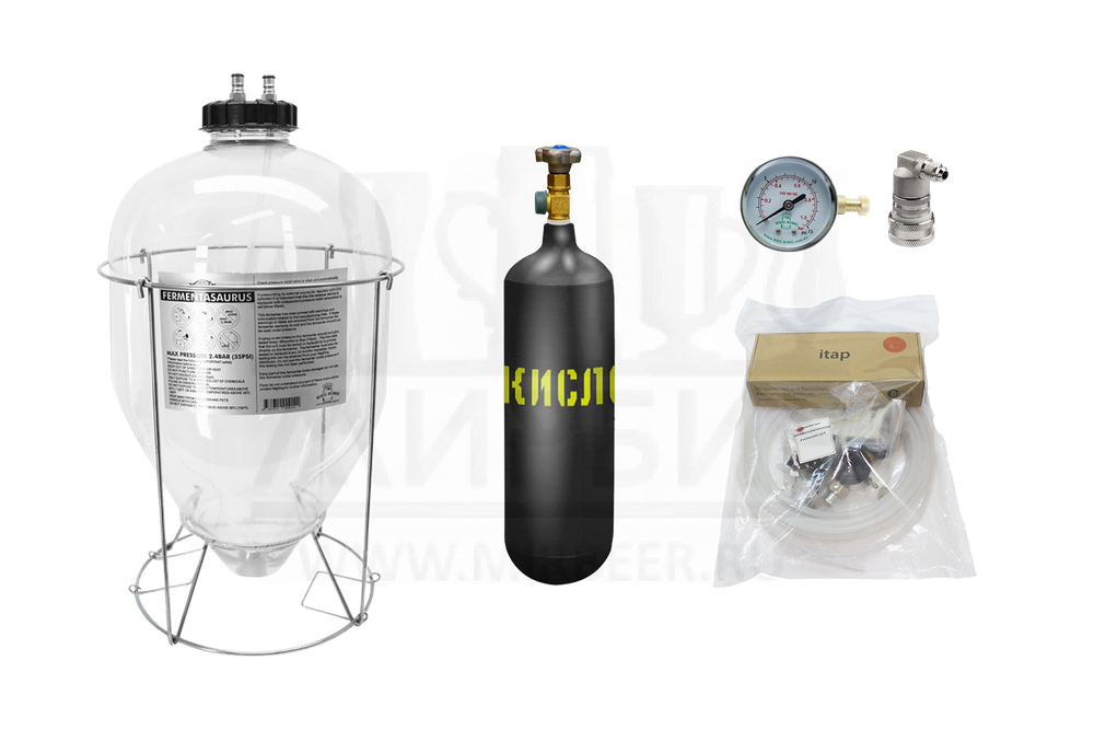 Комплект: ЦКТ Fermenter King Snub Nose, пластик, 35 л + манометр + фитинг газовый с резьбой + Комплект для карбонизации в корнелиус кеге + баллон углекислотный 2 л