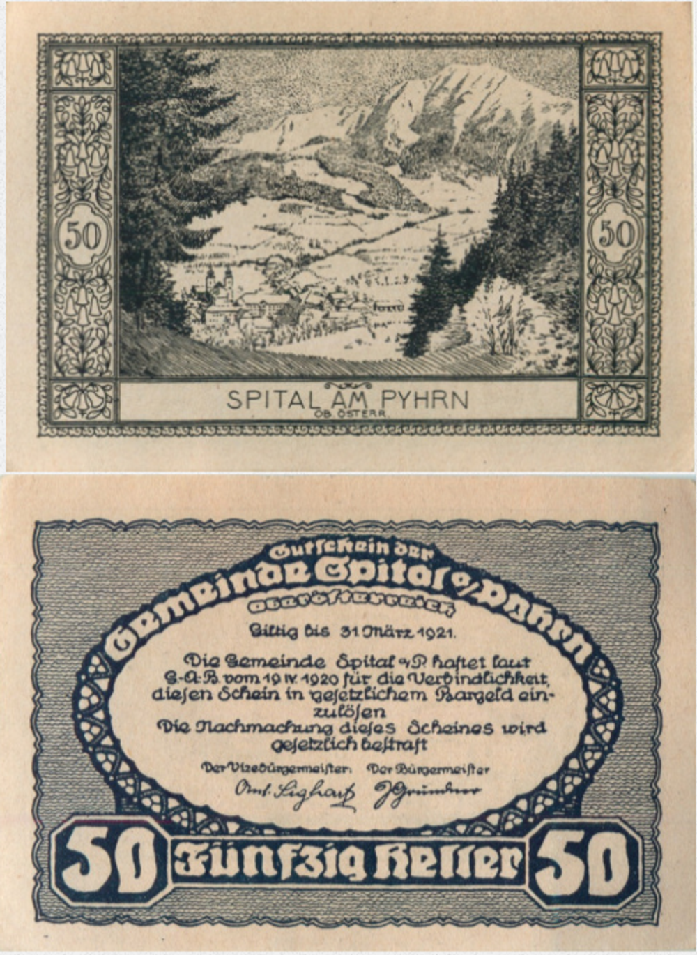 Австрия 50 геллеров 1920 Шпиталь-ам-Пирна aUNC