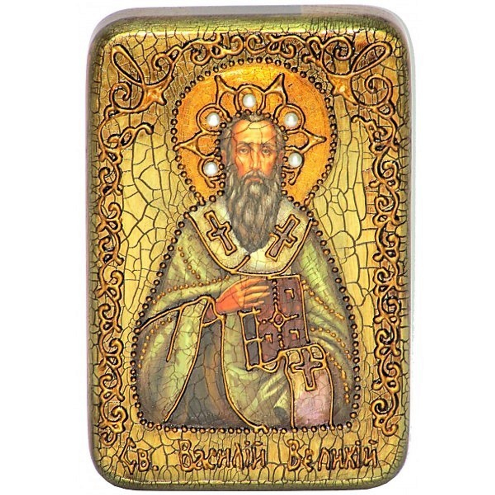 Инкрустированная Икона Святитель Василий Великий 15х10см на натуральном дереве в подарочной коробке