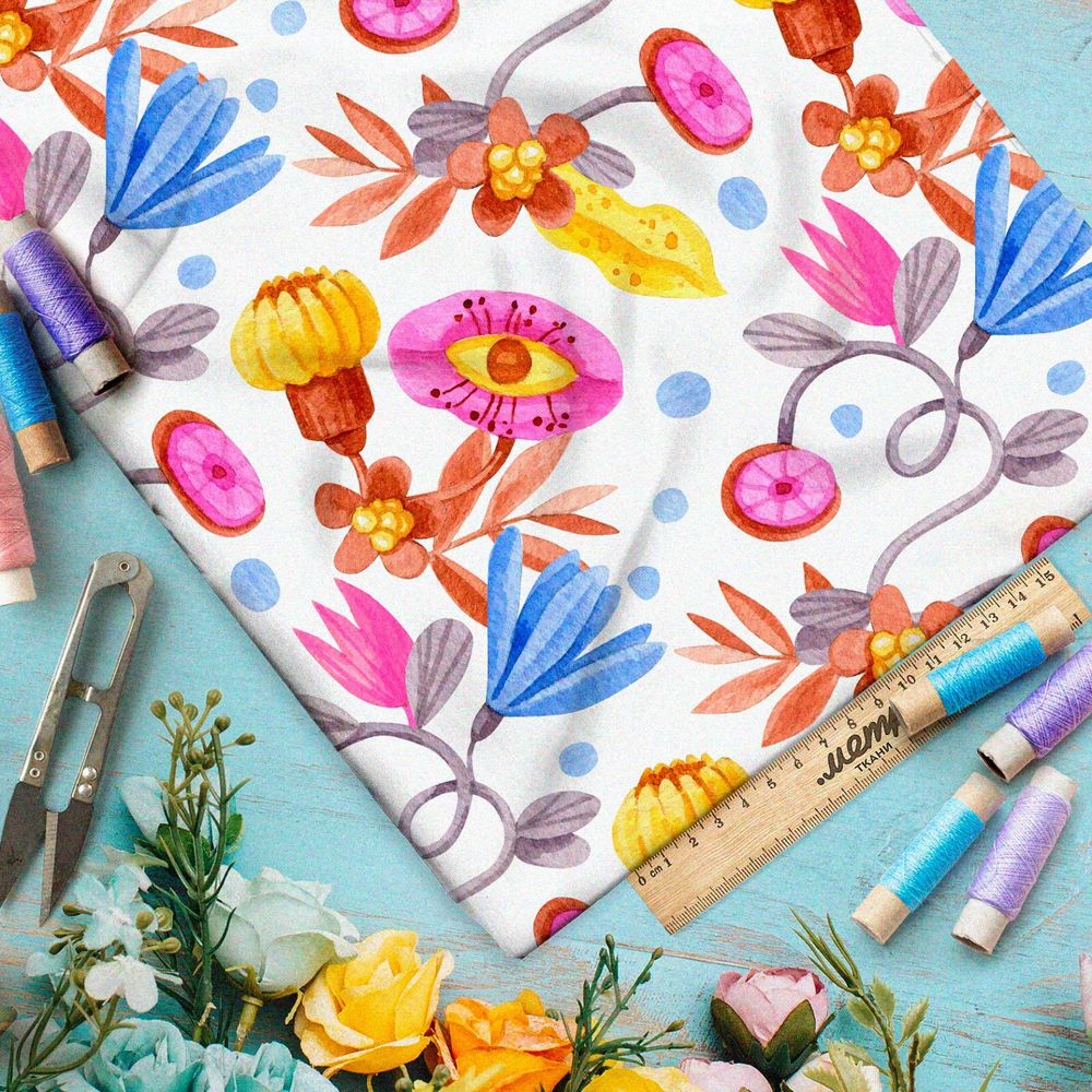 Ткань кулирная гладь абстрактные яркие цветы и глаза на белом фоне