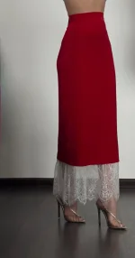Юбка миди "Мяу" с кружевом, Красная