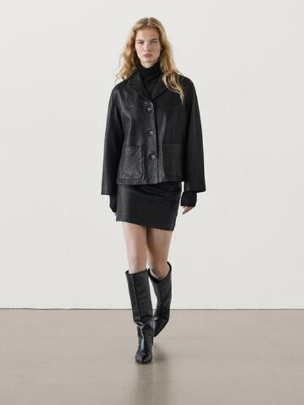 Massimo Dutti Текстурированная куртка из кожи наппа, черный