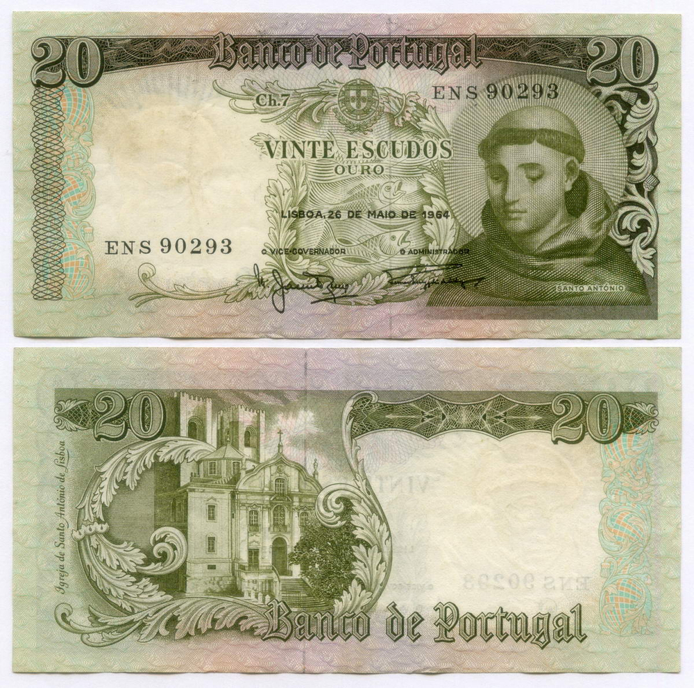 Банкнота Португалия 20 эскудо 1964 год ENS 90293. VF-XF