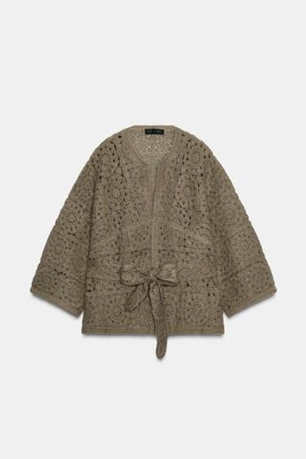 ZARA ВЯЗАНЫЙ КАРДИГАН С ПОЯСОМ, СВЕТЛЫЙ ХАКИ