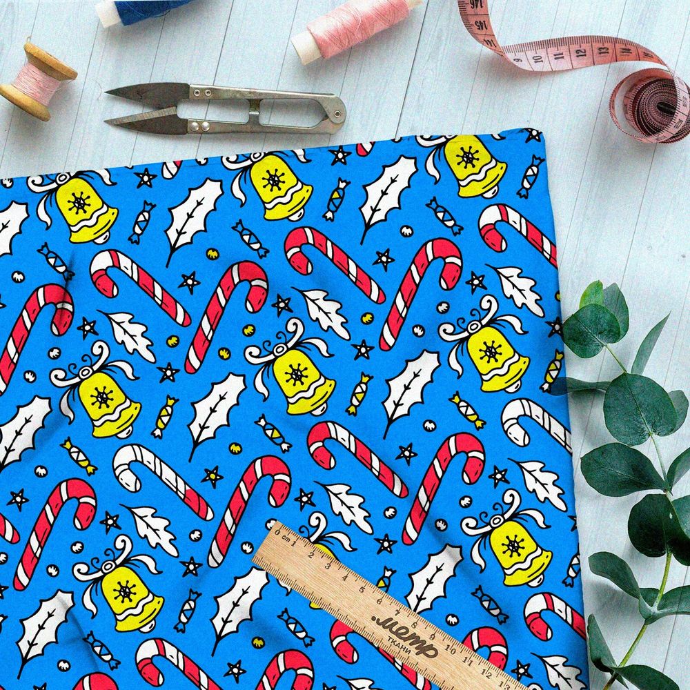 Ткань оксфорд 600 рождественские леденцы и жёлтые колокольчики