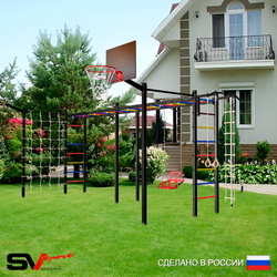 Уличная шведская стенка Sv Sport рукоход х 2 с комплектом турник прямой 2шт У53877К (Турник/Со спинкой/Щит баскет/Кронш бокс/Канат/кольца/лестница/Сетка)