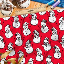 Ткань мембрана весёлые снеговики на красном фоне