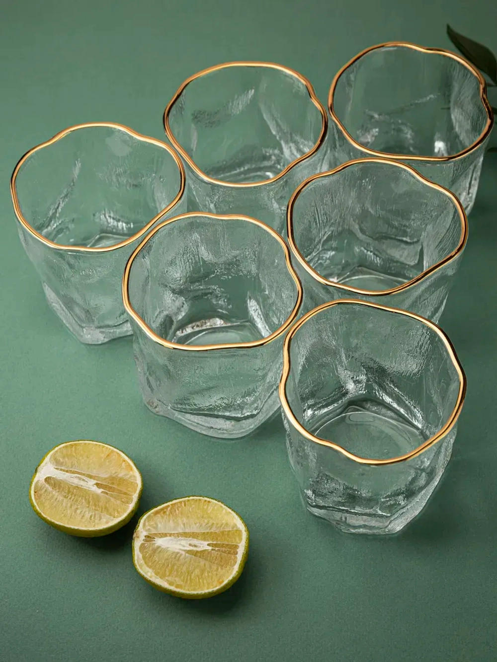 Набор изогнутых бокалов, лед, 250 мл. 6 шт с золотой каймой