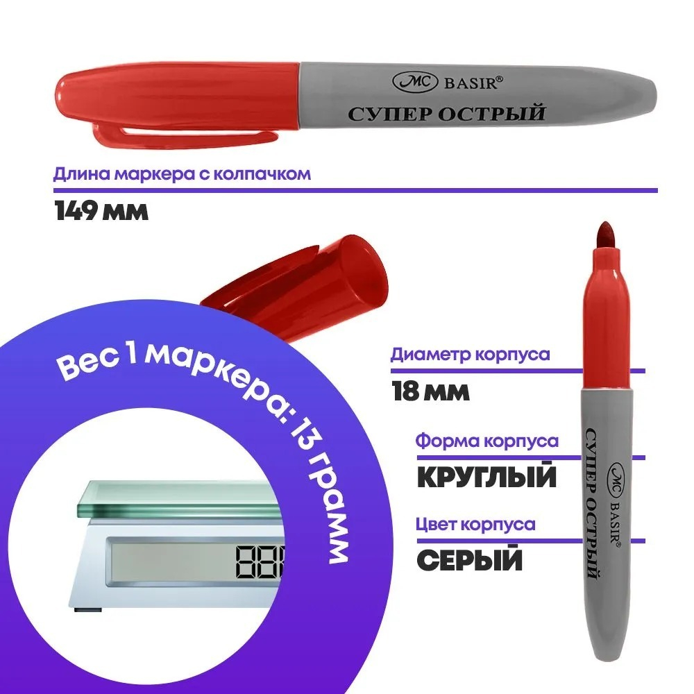Перманентные красные маркеры, набор 12 шт, MC-Basir, корпус 21 мм, комплект спиртовых несмываемых и нестираемых маркеров (водостойких фломастеров) с пулевидным наконечником 3 мм