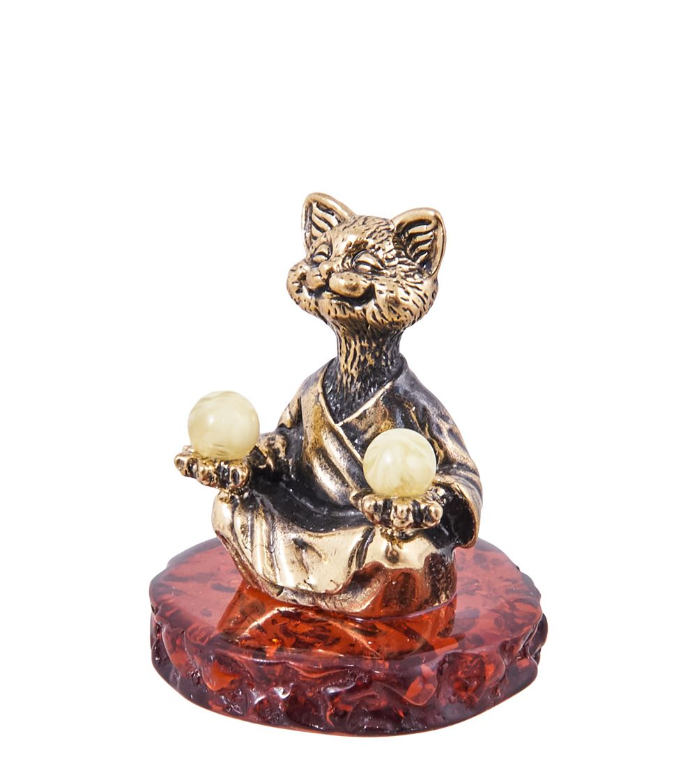 Народные промыслы AM-3863 Фигурка «Кот Равновесие» (латунь, янтарь)