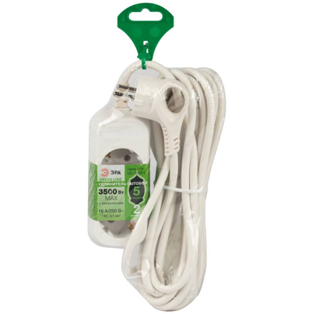 Удлинитель электрический ЭРА UDL-16-250-E Greenline 2 розетки с заземлением 5м ПВС 3x1мм2