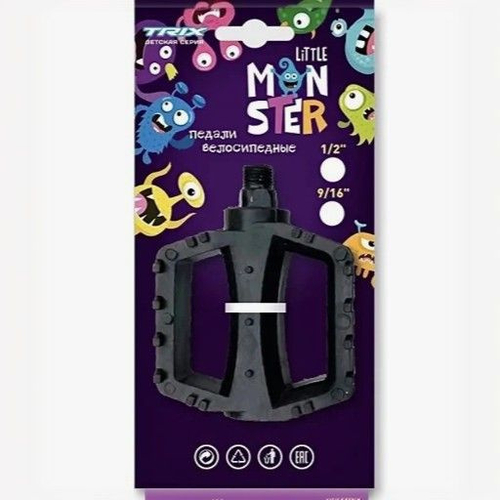 Педали детские TRIX Little Monster, пластиковые, 100x80мм, резьба 1/2", с шипами, черные (60)