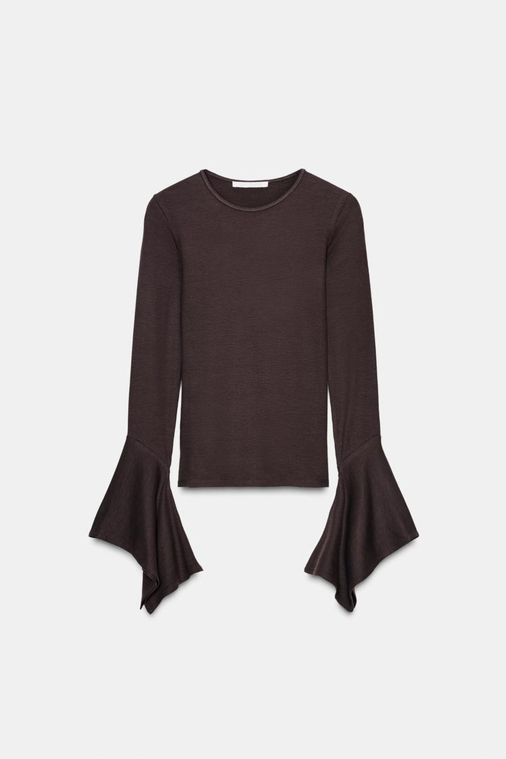 ZARA ФУТБОЛКА С ДЛИННЫМИ РУКАВАМИ И ВОЛАНОМ, ШОКОЛАДНЫЙ