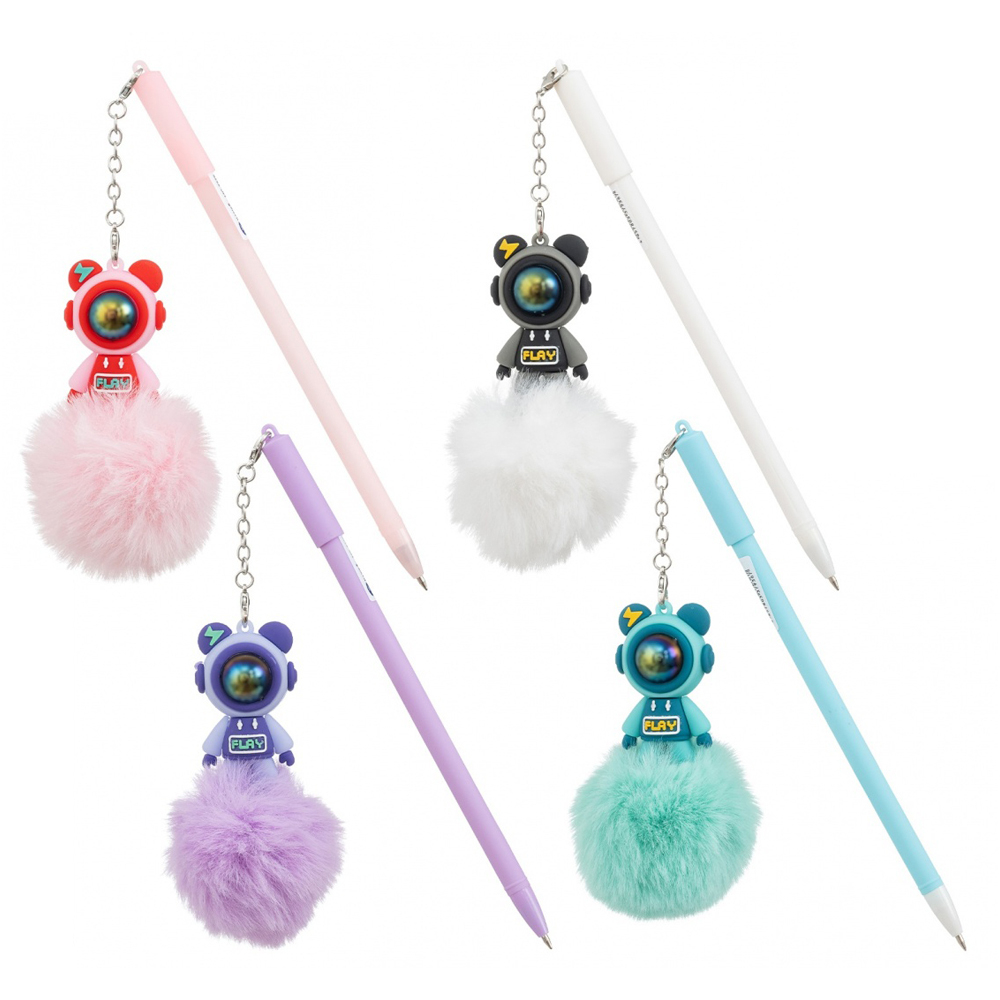 Ручка шариковая, Basir, синие чернила, серия "Космонавт пушистик", цветной корпус с мехом и фигуркой, 24 шт