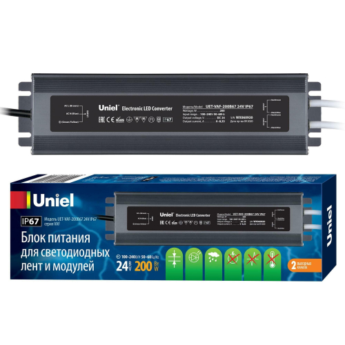UET-VAF-200B67 24V IP67 2 выхода Блок питания ультратонкий, 200Вт. Металлический корпус. TM Uniel