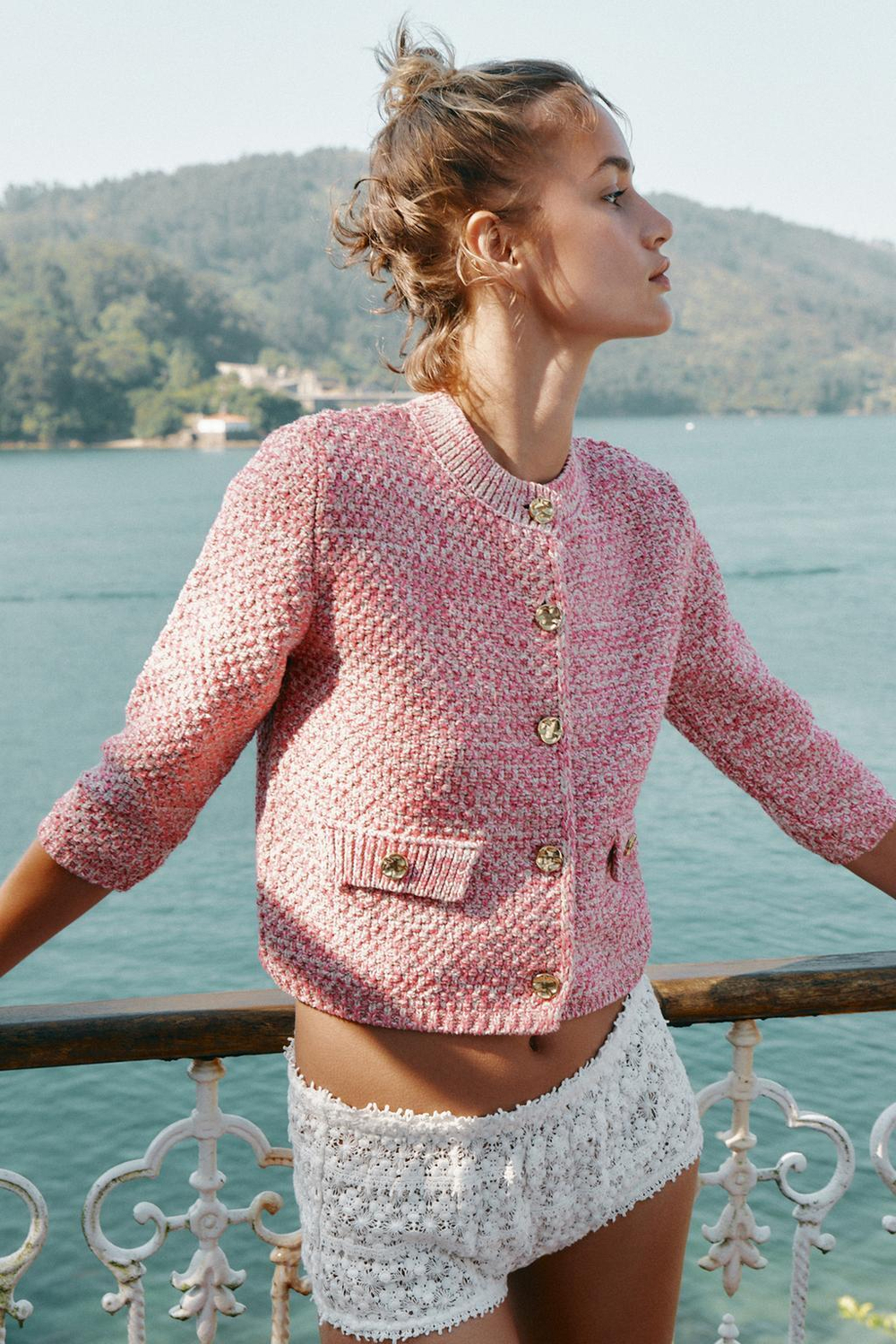 ZARA КАРДИГАН С РУКАВАМИ 3/4, РОЗОВЫЙ