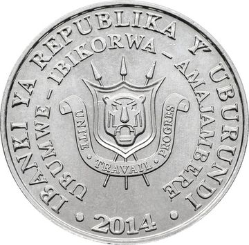 5 франков 2014 Бурунди «Кафрский рогатый ворон»