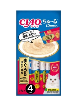 Inaba ciao churu лакомство-пюре для взрослых кошек с тунцом магуро и морским гребешком - 14 г х 4 шт