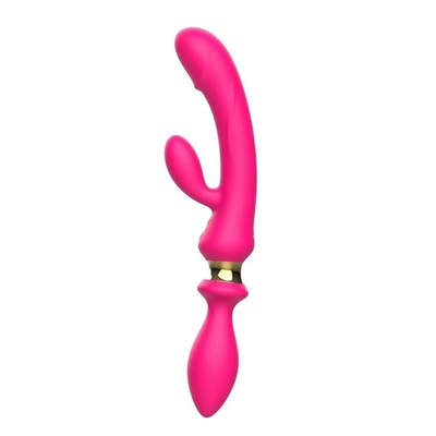 Розовый двусторонний вибромассажёр с клиторальным отростком - 30 см. (Цвет: розовый)