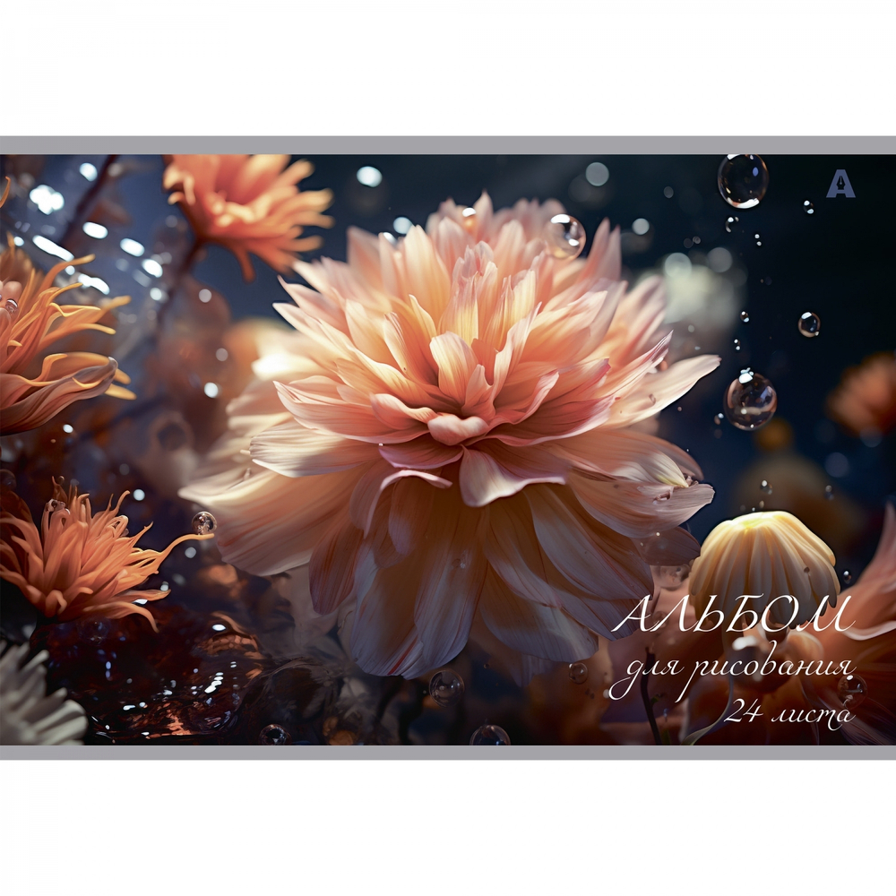 Альбом для рисования А4 24л., Alingar, на скрепке, мелованный картон (стандарт) 210 г/м2, офсет 100 г/м2, "Цветы", 4 дизайна в пленке т/у