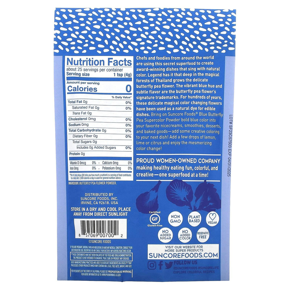 Suncore Foods, Blue Butterfly PEA, суперцветная пудра, 99 г (3,5 унции)