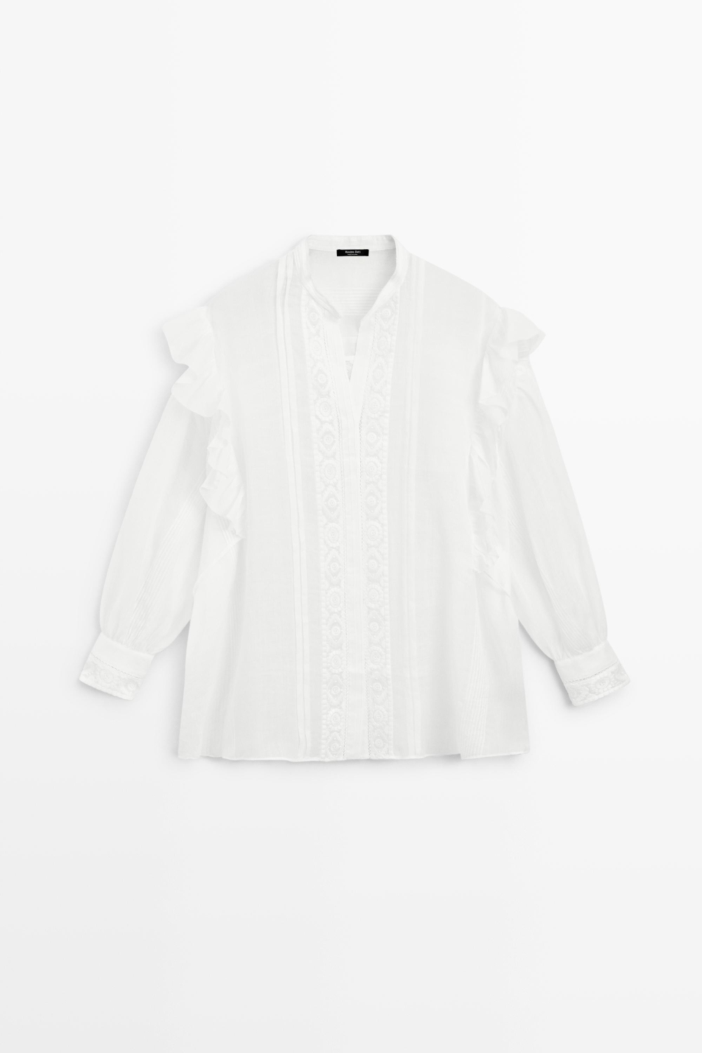 Massimo Dutti Блуза с воротником-стойкой, вышивкой и оборками, белый