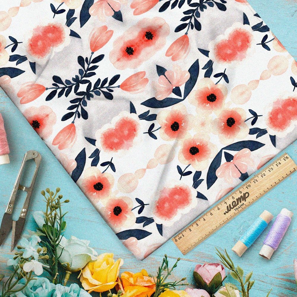 Ткань кулирная гладь лёгкие цветы с листьями