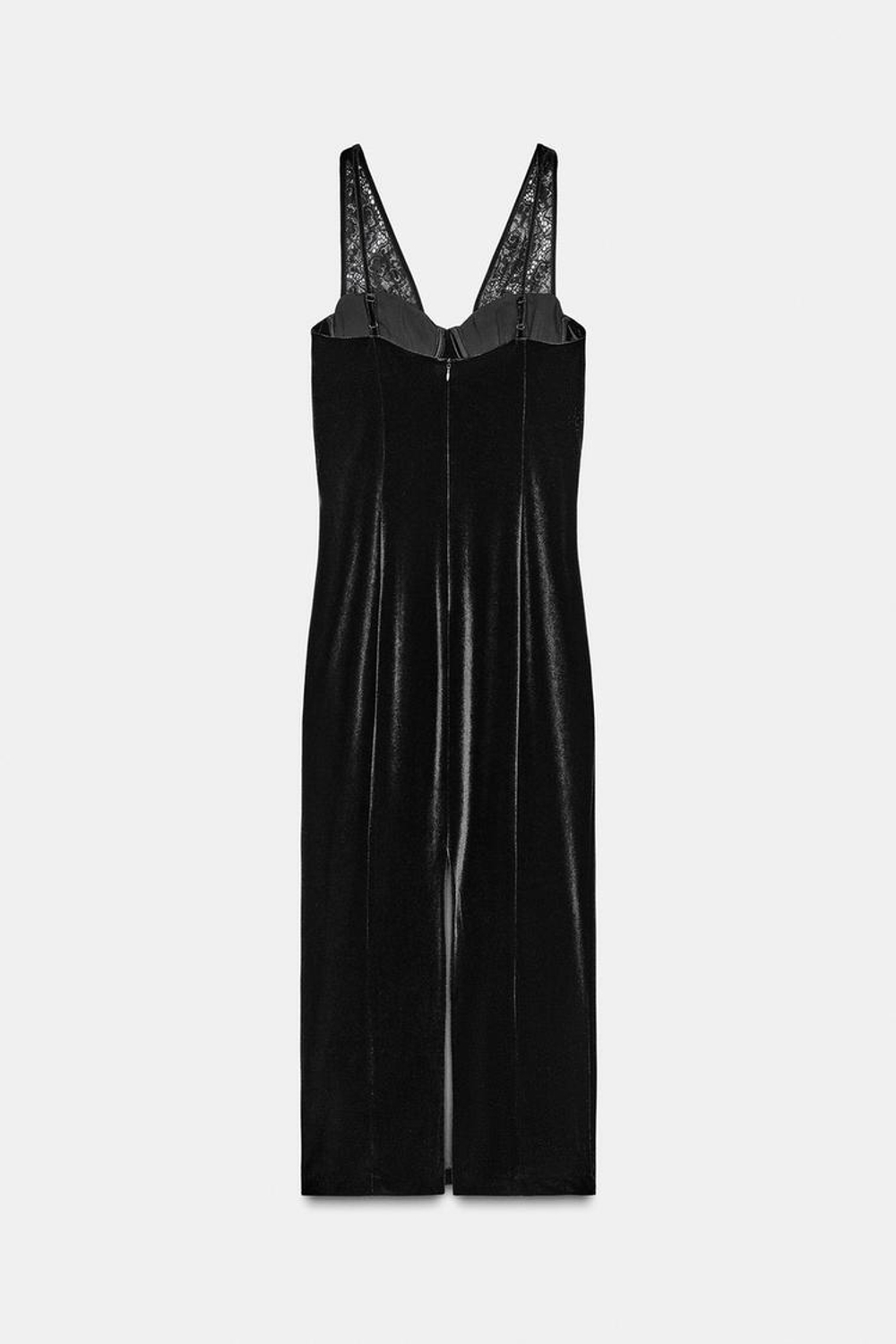 ZARA БАРХАТНОЕ ПЛАТЬЕ МИДИ С КРУЖЕВОМ, ЧЕРНЫЙ