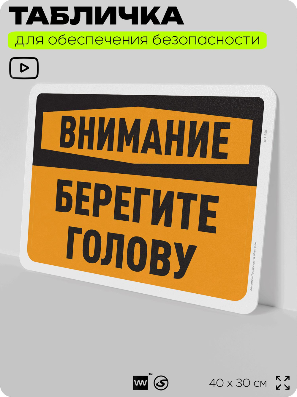 Табличка для обеспечения безопасности "Внимание, берегите голову", для офиса, по охране труда для предприятия, организаций, 40х30 см, Silver Plane x Айдентика Технолоджи