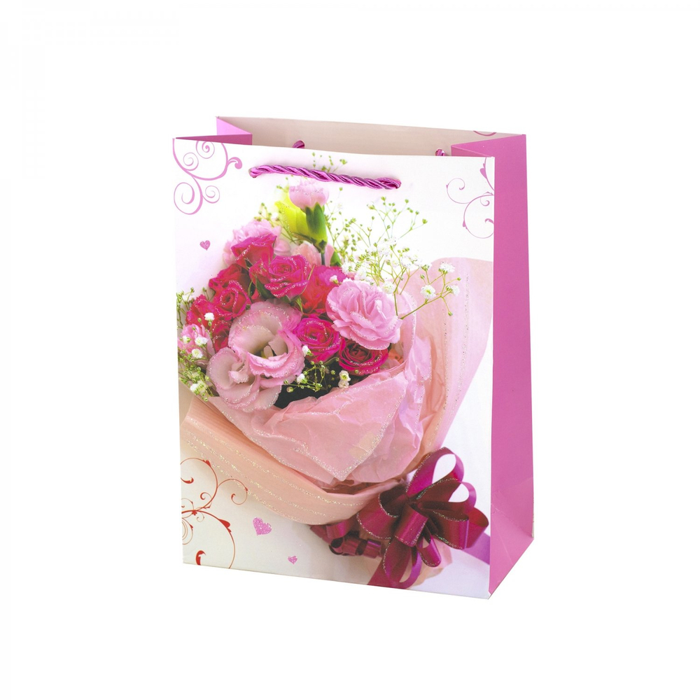 Пакет подарочный бумажный Alingar, (М) 18х24х8,5 см, вертикальный, "Нежные розы", мат. ламинация, глиттер, ассорти