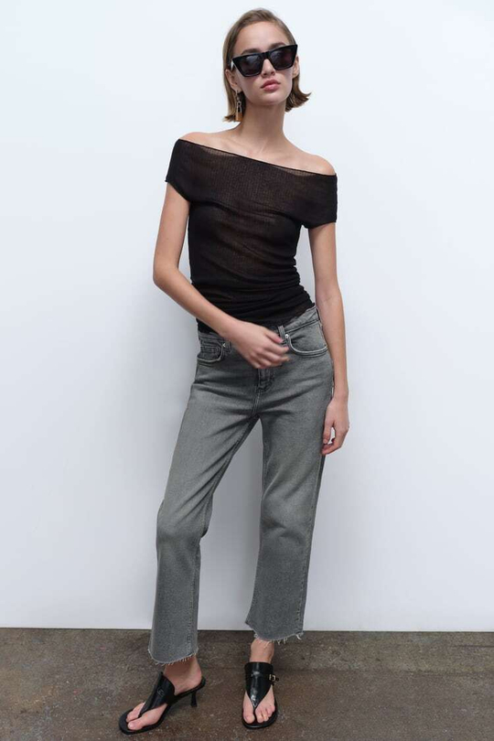 ZARA ДЖИНСЫ TRF CROPPED FLARE С ВЫСОКОЙ ПОСАДКОЙ, СЕРЫЙ