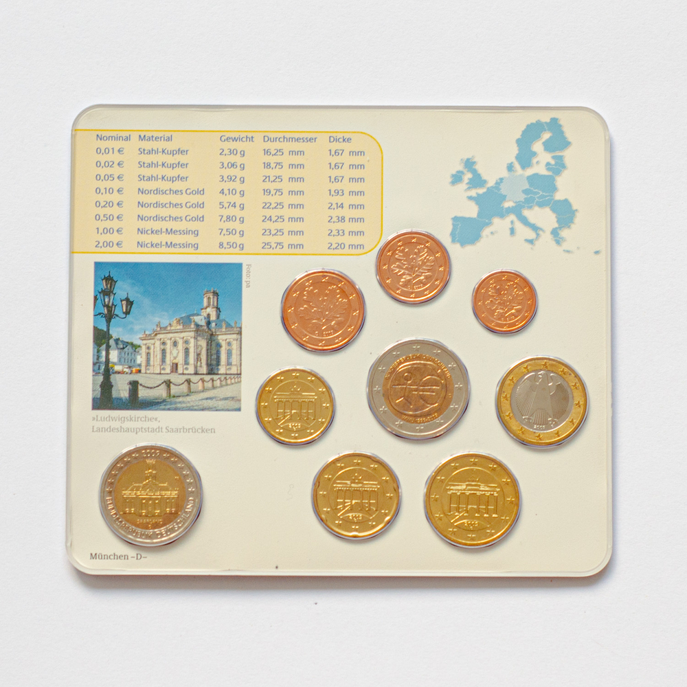 Germany 2009 Year Set (D: Munich) + 2 x 2 Euro: "Ludwigskirche in Saarbrücken" and "10th Anniversary of Economic and Monetary Union"